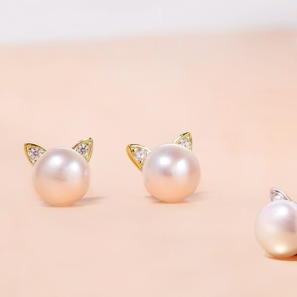Cubic Zirconia Ear Cat Pearl Stud Earrings