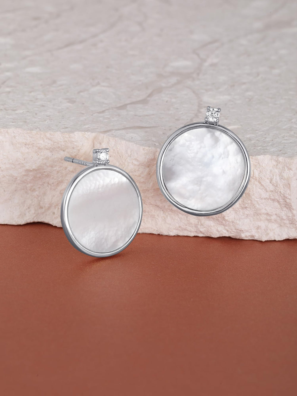 Round Mother of Pearl with CZ Stud Earrings