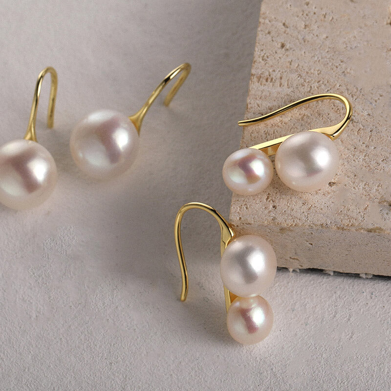 Natural Dual Pearls Drop Earrings 925 Sterling Silver